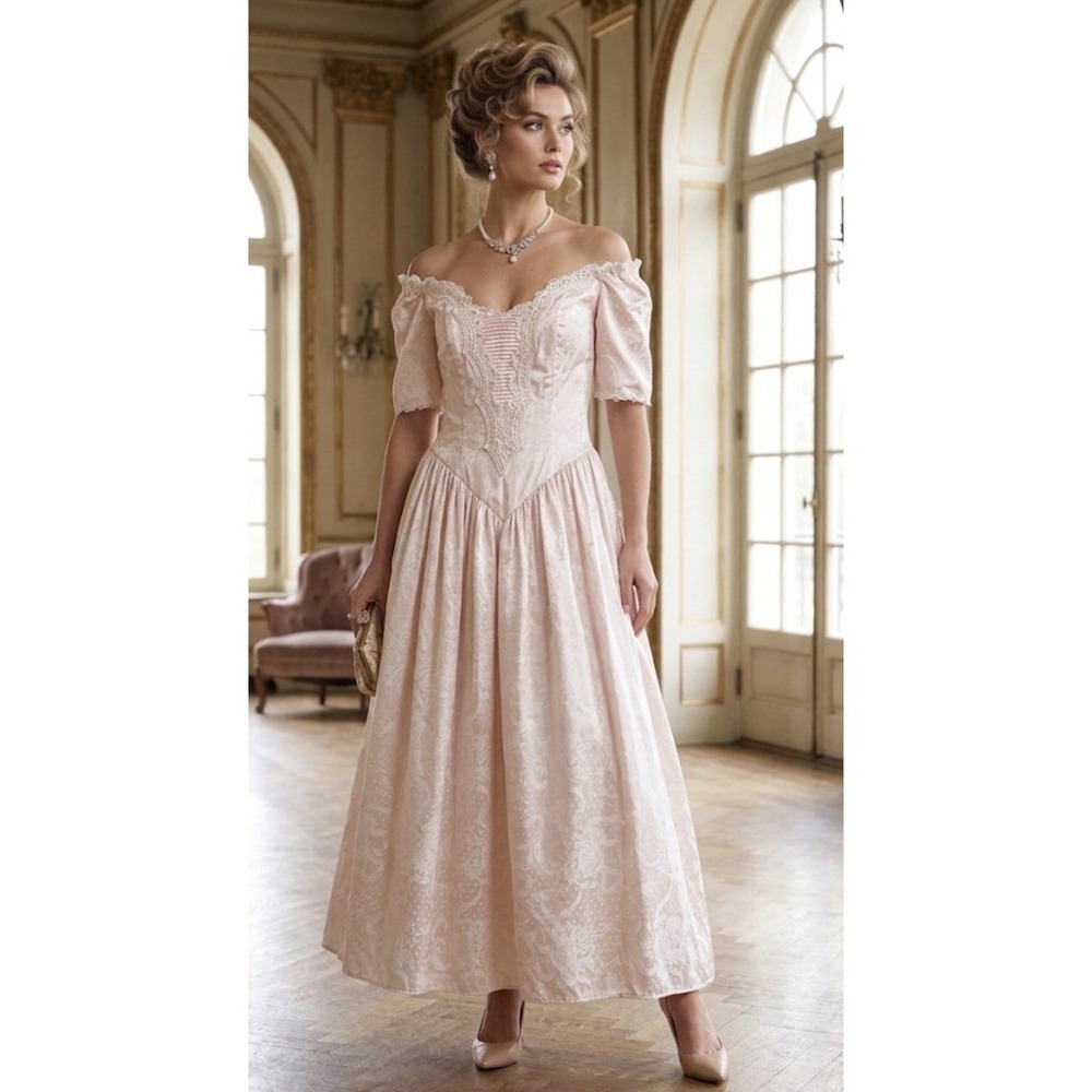 Scott McClintock Romantic Pink Off Shoulder jacquard Dress 80s 90s Size 10